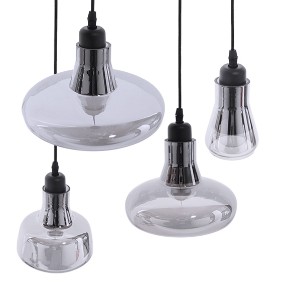GloboStar® FEMINE 01011 SET 4 Μοντέρνα Κρεμαστά Φωτιστικά Οροφής Ποολύφωτο 4 x E27 Γυάλινα Φιμέ Χρωμίου Μονόφωτα Καμπάνα