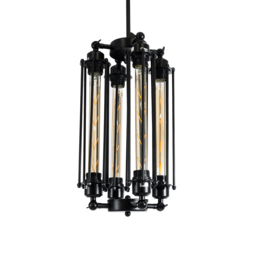 GloboStar® TUBING 01013 Vintage Industrial Κρεμαστό Φωτιστικό Οροφής Πολύφωτο 4 x E27 AC220-240V – Φ27 x Υ47cm – Μαύρο Μεταλλικό Πλέγμα – 5 Χρόνια Εγγύηση