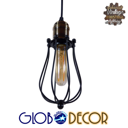 GloboStar® CAMBER 01016 Vintage Industrial Κρεμαστό Φωτιστικό Οροφής Μονόφωτο Μαύρο Μεταλλικό Πλέγμα Φ11 x Y25cm