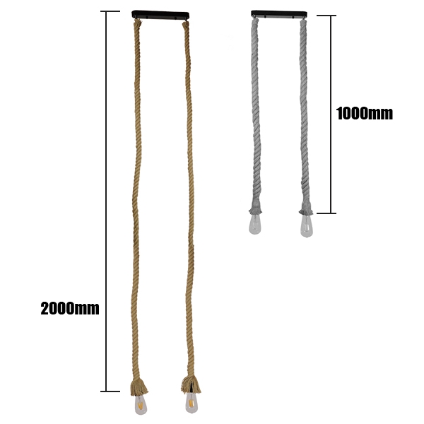 GloboStar® ROPE 01019 Vintage Industrial Κρεμαστό Φωτιστικό Οροφής Δίφωτο 2 x E27 με 2 μέτρα Μπεζ Σχοινί Φ3.5 x Y200cm