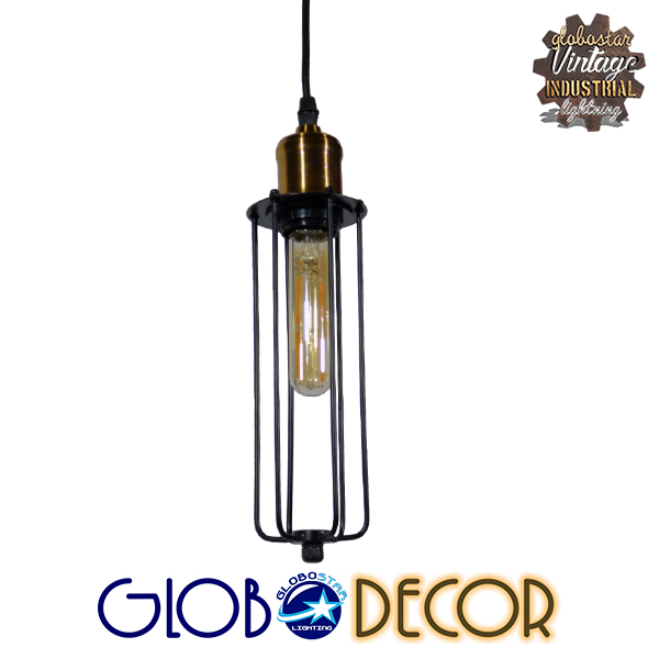 GloboStar® KLECE 01057 Vintage Industrial Κρεμαστό Φωτιστικό Οροφής Μονόφωτο Μαύρο Μεταλλικό Πλέγμα Φ7 x Y35cm