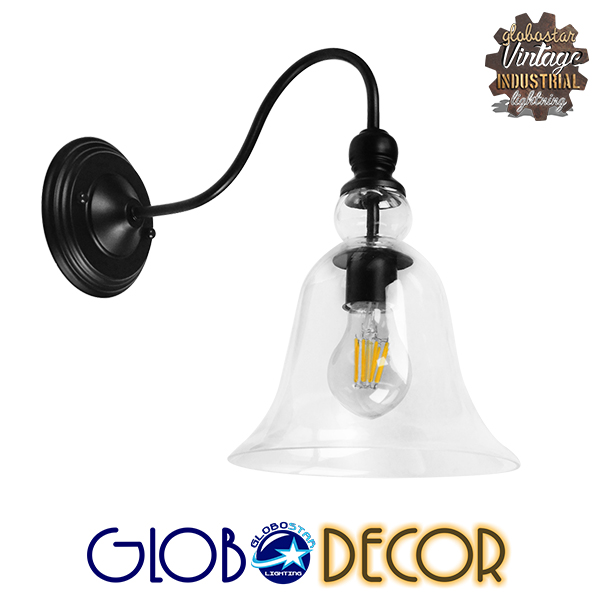 GloboStar® LILLY 01064 Vintage Φωτιστικό Τοίχου Απλίκα Μονόφωτο Μαύρο Μεταλλικό με Γυάλινη Καμπάνα Φ14 x Μ21 x Π14 x Υ36cm