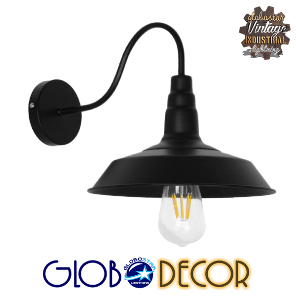 GloboStar® SORD 01065 Vintage Industrial Φωτιστικό Τοίχου Απλίκα Μονόφωτο Μαύρο Μεταλλικό Καμπάνα Φ26 x Μ37 x Π26 x Υ32cm