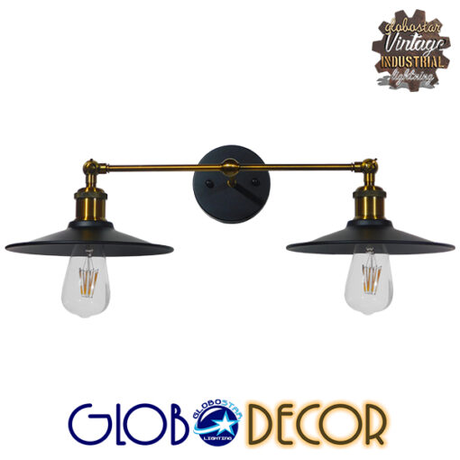 GloboStar® TWINS 01069 Vintage Industrial Φωτιστικό Τοίχου Απλίκα Δίφωτο Μαύρο Μεταλλικό Καμπάνα Φ21 x Μ30 x Π60 x Υ18cm