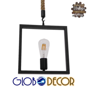 GloboStar® FRAISE 01077 Vintage Κρεμαστό Φωτιστικό Οροφής Μονόφωτο 1 x E27 Μαύρο Μεταλλικό με Μπεζ Σχοινί Μ32 x Π10 x Υ32cm