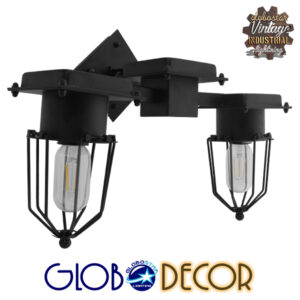 GloboStar® TORO 01079 Vintage Industrial Φωτιστικό Τοίχου Απλίκα Δίφωτο Μαύρο Μεταλλικό Πλέγμα Μ22 x Π45 x Υ27cm