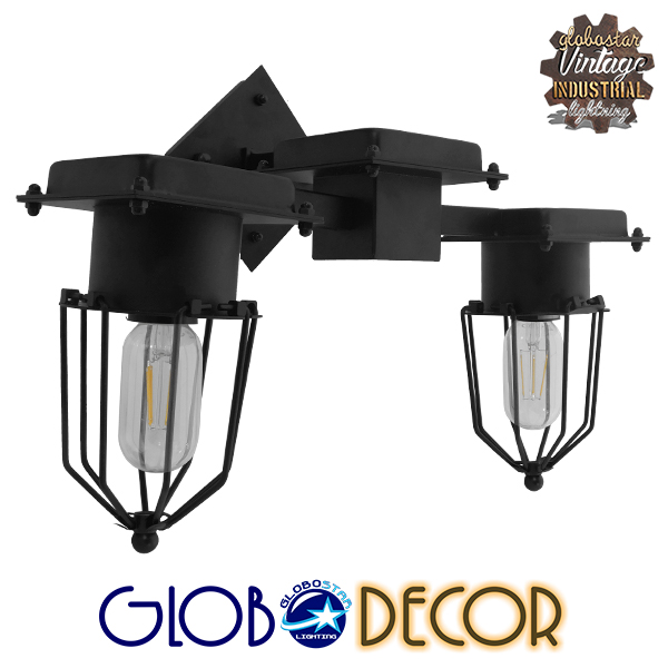 GloboStar® TORO 01079 Vintage Industrial Φωτιστικό Τοίχου Απλίκα Δίφωτο Μαύρο Μεταλλικό Πλέγμα Μ22 x Π45 x Υ27cm