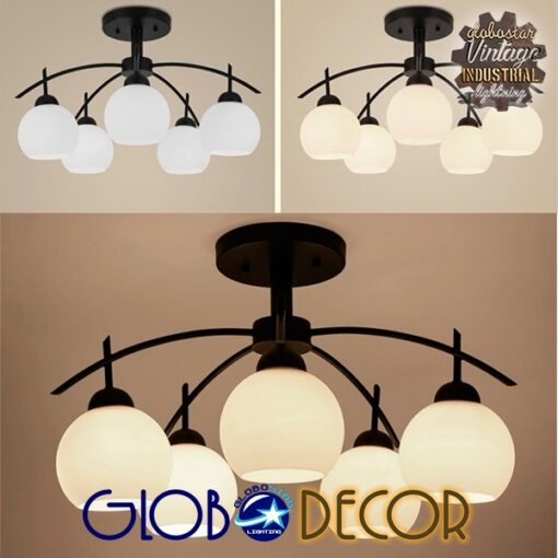 GloboStar® LUNA 01088 Μοντέρνο Φωτιστικό Οροφής Πολύφωτο Μαύρο Μεταλλικό με Λευκό Γυαλί Φ63 x Y39cm