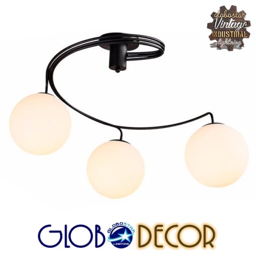 GloboStar® SELINA 01089 Μοντέρνο Φωτιστικό Οροφής Τρίφωτο Μαύρο Μεταλλικό με Λευκό Γυαλί Φ60 x Y45cm