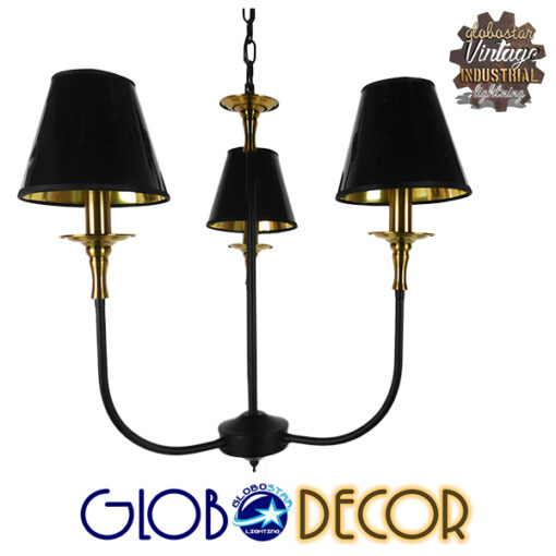 GloboStar® LIMI 01091 Vintage Industrial Κρεμαστό Φωτιστικό Οροφής Τρίφωτο Μαύρο Μεταλλικό Πολυέλαιος με Καπέλο Φ56 x Y54cm