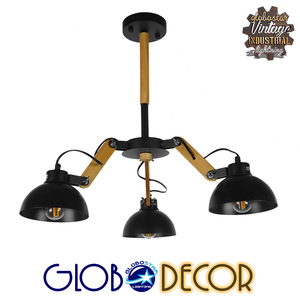 GloboStar® OLD SCHOOL 01093 Μοντέρνο Industrial Φωτιστικό Οροφής Τρίφωτο Μαύρο Μεταλλικό με Φυσικό Ξύλο Καμπάνα Φ75 x Y38cm