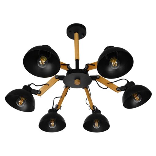 GloboStar® OLD SCHOOL 01094 Μοντέρνο Φωτιστικό Οροφής Πολύφωτο Μαύρο Μεταλλικό με Φυσικό Ξύλο Καμπάνα Φ75 x Y38cm