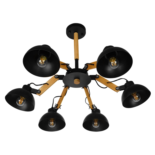 GloboStar® OLD SCHOOL 01094 Μοντέρνο Φωτιστικό Οροφής Πολύφωτο Μαύρο Μεταλλικό με Φυσικό Ξύλο Καμπάνα Φ75 x Y38cm