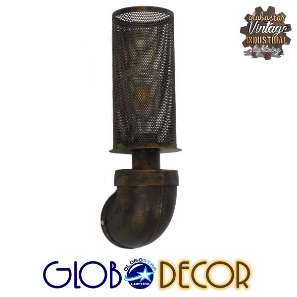 GloboStar® RAZA 01105 Vintage Industrial Φωτιστικό Τοίχου Απλίκα Μονόφωτο Καφέ Σκουριά Μεταλλικό Πλέγμα Φ10 x Μ13 x Π10 x Υ39cm