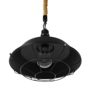 GloboStar® CRANE 01109 Vintage Industrial Κρεμαστό Φωτιστικό Οροφής Μονόφωτο 1 x E27 Μαύρο Μεταλλικό Καμπάνα Πλέγμα με Μπεζ Σχοινί Φ36 x Y25cm