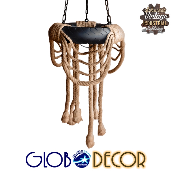 GloboStar® RUNNER 01115 Vintage Industrial Κρεμαστό Φωτιστικό Οροφής Πολύφωτο 6 x E27 Μαύρο με Μπεζ Σχοινί Φ45 x Y60cm