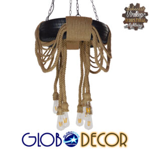 GloboStar® MARBELLA 01116 Vintage Industrial Κρεμαστό Φωτιστικό Οροφής Πολύφωτο 8 x E27 Μαύρο με Μπεζ Σχοινι Φ60 x Y60cm