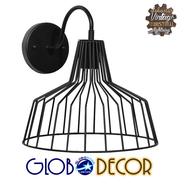 GloboStar® TRIUMPH 01117 Vintage Industrial Φωτιστικό Τοίχου Απλίκα Μονόφωτο Μαύρο Μεταλλικό Πλέγμα Καμπάνα Φ30 x Μ35 x Π30 x Υ32cm