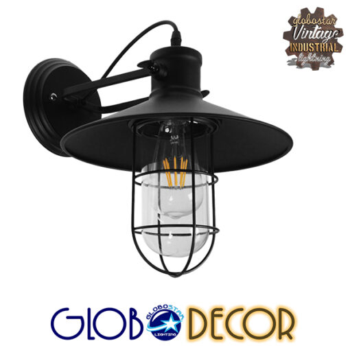 GloboStar® CELL 01118 Vintage Industrial Φωτιστικό Τοίχου Απλίκα Μονόφωτο Μαύρο Μεταλλικό Πλέγμα με Καμπάνα Φ27 x Μ33 x Π27 x Υ33cm