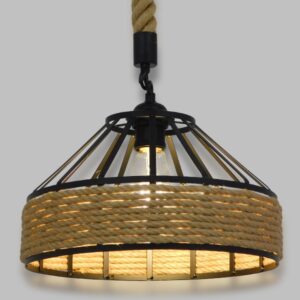 GloboStar® POLI 01146 Vintage Κρεμαστό Φωτιστικό Οροφής Μονόφωτο 1 x E27 Μαύρο Μεταλλικό με Μπεζ Σχοινί Φ30 x Y18cm