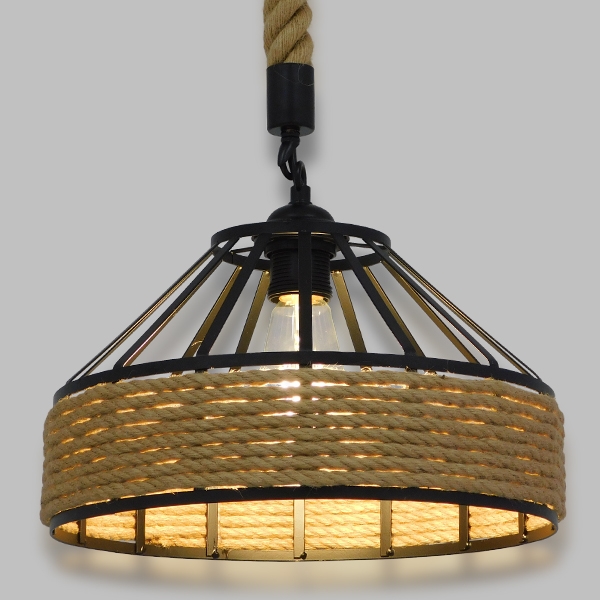 GloboStar® POLI 01146 Vintage Κρεμαστό Φωτιστικό Οροφής Μονόφωτο 1 x E27 Μαύρο Μεταλλικό με Μπεζ Σχοινί Φ30 x Y18cm