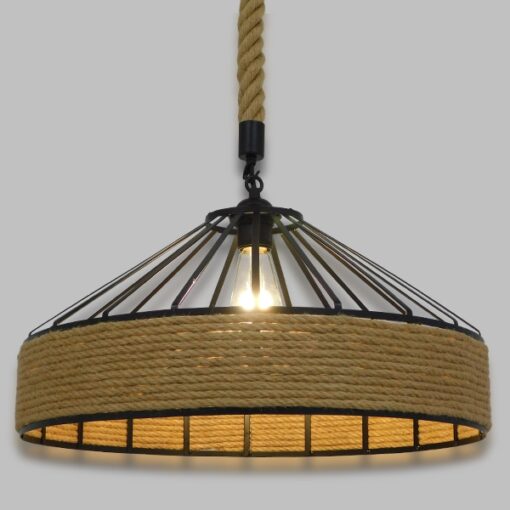 GloboStar® POLI 01147 Vintage Κρεμαστό Φωτιστικό Οροφής Μονόφωτο 1 x E27 Μαύρο Μεταλλικό με Μπεζ Σχοινί Φ50 x Y25cm