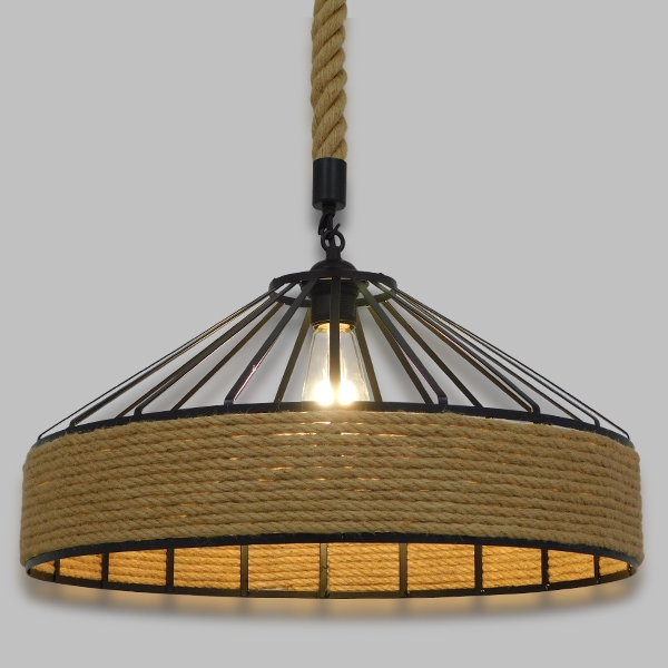 GloboStar® POLI 01147 Vintage Κρεμαστό Φωτιστικό Οροφής Μονόφωτο 1 x E27 Μαύρο Μεταλλικό με Μπεζ Σχοινί Φ50 x Y25cm