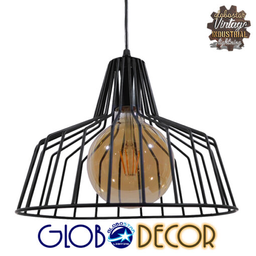GloboStar® TERE 01165  Vintage Industrial Κρεμαστό Φωτιστικό Οροφής Μονόφωτο Μαύρο Μεταλλικό Πλέγμα Καμπάνα Φ30 x Y25cm