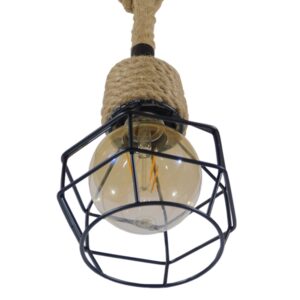 GloboStar® HELLET 01182 Vintage Industrial Κρεμαστό Φωτιστικό Οροφής Μονόφωτο 1 x E27 Μαύρο Μεταλλικό Πλέγμα με Μπεζ Σχοινί Φ16 x Y25cm