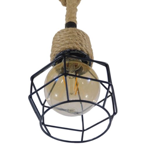 GloboStar® HELLET 01182 Vintage Industrial Κρεμαστό Φωτιστικό Οροφής Μονόφωτο 1 x E27 Μαύρο Μεταλλικό Πλέγμα με Μπεζ Σχοινί Φ16 x Y25cm