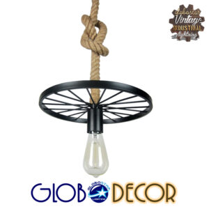 GloboStar® VELO 01185 Vintage Industrial Κρεμαστό Φωτιστικό Οροφής Μονόφωτο 1 x E27 Μαύρο Μεταλλικό Πλέγμα με Μπεζ Σχοινί Φ30 x Y16cm