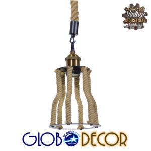GloboStar® LANTERN 01186 Vintage Industrial Κρεμαστό Φωτιστικό Οροφής Μονόφωτο 1 x E27 Μαύρο Μεταλλικό με Μπεζ Σχοινί Φ15 x Y24cm