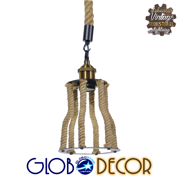 GloboStar® LANTERN 01186 Vintage Industrial Κρεμαστό Φωτιστικό Οροφής Μονόφωτο 1 x E27 Μαύρο Μεταλλικό με Μπεζ Σχοινί Φ15 x Y24cm