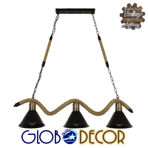 GloboStar® TYMEN 01189 Vintage Φωτιστικό Οροφής Τρίφωτο 3 x E27 Μαύρο Μεταλλικό Καμπάνα με Μπεζ Σχοινί Μ86 x Π22 x Υ23cm