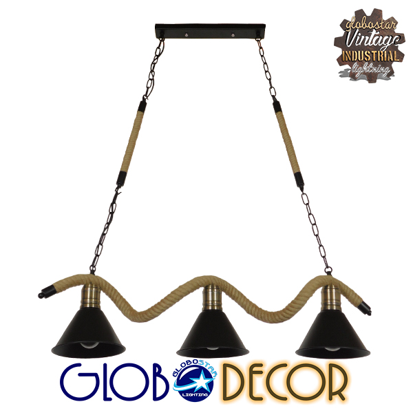 GloboStar® TYMEN 01189 Vintage Φωτιστικό Οροφής Τρίφωτο 3 x E27 Μαύρο Μεταλλικό Καμπάνα με Μπεζ Σχοινί Μ86 x Π22 x Υ23cm