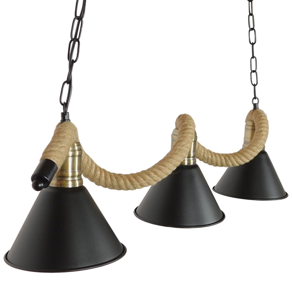 GloboStar® TYMEN 01189 Vintage Φωτιστικό Οροφής Τρίφωτο 3 x E27 Μαύρο Μεταλλικό Καμπάνα με Μπεζ Σχοινί Μ86 x Π22 x Υ23cm