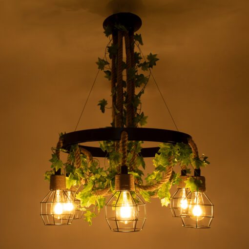 GloboStar® HELLET 01193 Vintage Industrial Κρεμαστό Φωτιστικό Οροφής Πολύφωτο 6 x E27 Μαύρο Μεταλλικό Πλέγμα με Μπεζ Σχοινί Φ72 x Y80cm