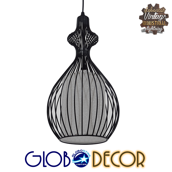 GloboStar® THYDA 01197 Μοντέρνο Κρεμαστό Φωτιστικό Οροφής Μονόφωτο Μαύρο Μεταλλικό Πλέγμα με Υφασμάτινο Εσωτερικό Καπέλο Φ21 x Y40cm