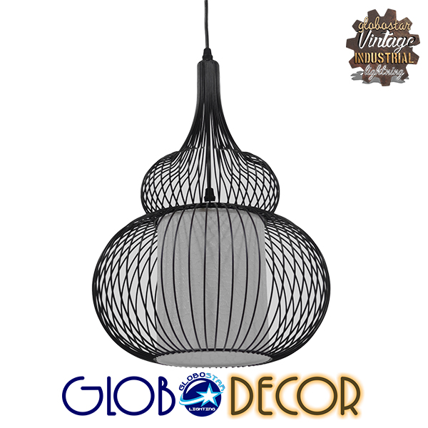 GloboStar® PANYA 01199 Μοντέρνο Κρεμαστό Φωτιστικό Οροφής Μονόφωτο Μαύρο Μεταλικό Πλέγμα με Υφασμάτινο Εσωτερικό Καπέλο Φ31 x Y42cm
