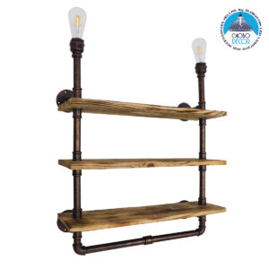 GloboStar® ENIMAS 01217 Vintage Industrial Φωτιστικό Τοίχου Απλίκα Δίφωτο Μπρούτζινο Μεταλλικό με Ξύλινα Ράφια Μ65 x Π23 x Υ76cm