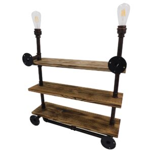 GloboStar® ENIMAS 01217 Vintage Industrial Φωτιστικό Τοίχου Απλίκα Δίφωτο Μπρούτζινο Μεταλλικό με Ξύλινα Ράφια Μ65 x Π23 x Υ76cm