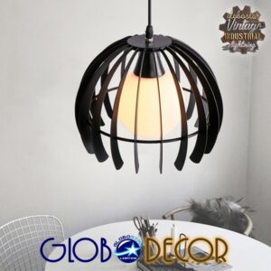 GloboStar® INGLEY 01226 Μοντέρνο Κρεμαστό Φωτιστικό Οροφής Μονόφωτο Μαύρο Μεταλλικό Πλέγμα με Λευκό Γυαλί Φ26 x Y21cm