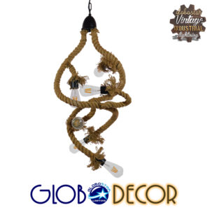 GloboStar® HAMTINE 01229 Vintage Κρεμαστό Φωτιστικό Οροφής Πολύφωτο 6 x E27 Μαύρο Μεταλλικό με Μπεζ Σχοινί Φ40 x Y92cm