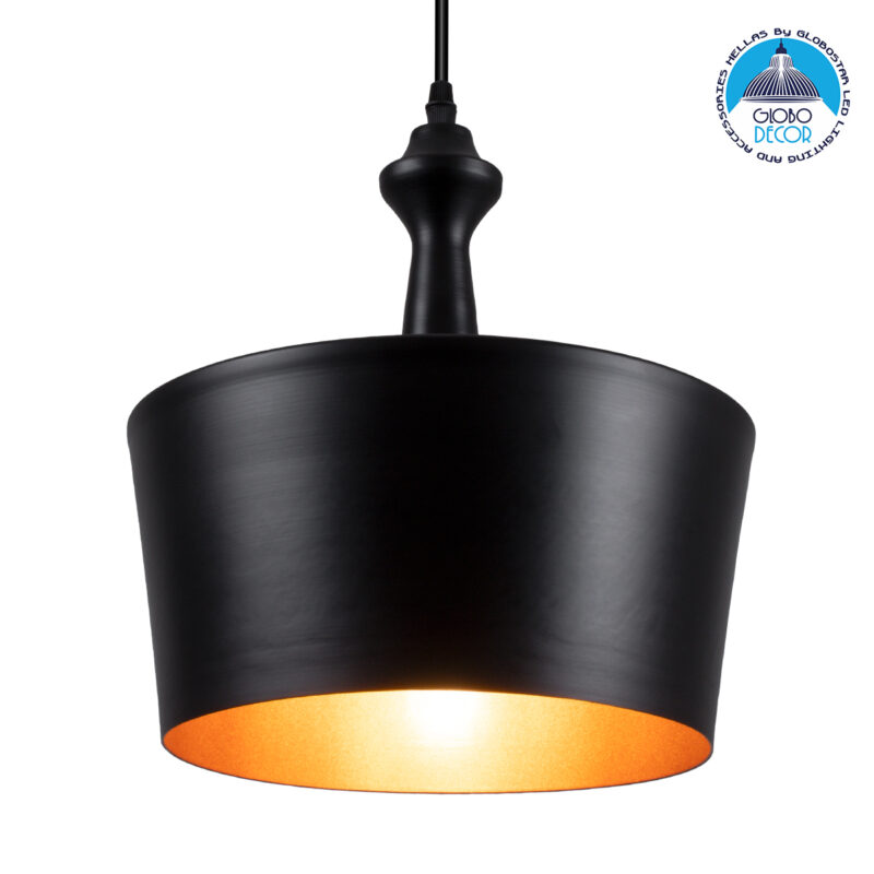 GloboStar® ROCKFORD 01287-A Μοντέρνο Κρεμαστό Φωτιστικό Οροφής Μονόφωτο 1 x E27 Μαύρο Μεταλλικό Καμπάνα Φ30 x Υ30cm