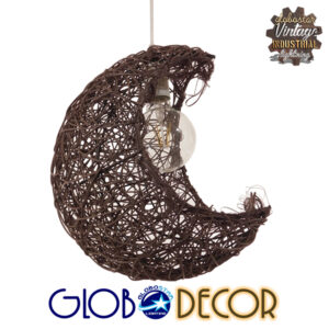GloboStar® MENISCUS 01330 Vintage Κρεμαστό Φωτιστικό Οροφής Μονόφωτο 1 x E27 Καφέ Σκούρο Ξύλινο Ψάθινο Rattan Μ30 x Π20 x Υ35cm