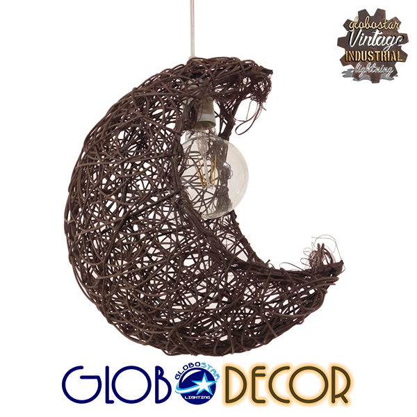 GloboStar® MENISCUS 01330 Vintage Κρεμαστό Φωτιστικό Οροφής Μονόφωτο 1 x E27 Καφέ Σκούρο Ξύλινο Ψάθινο Rattan Μ30 x Π20 x Υ35cm