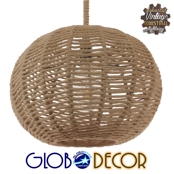 GloboStar® MANDALA 01331 Vintage Κρεμαστό Φωτιστικό Οροφής Μονόφωτο 1 x E27 Πλέγμα με Μπεζ Σχοινί Φ42 x Υ34cm