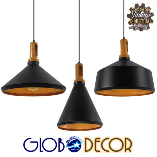 GloboStar® CALYPSO 01334 SET 3 Μοντέρνα Κρεμαστά Φωτιστικά Οροφής Τρίφωτο 3 x E27 Μαύρο – Χρυσό Μεταλλικά με Ξύλινη Βάση Καμπάνα