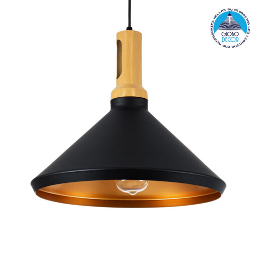 GloboStar® CALYPSO 01334-A Μοντέρνο Κρεμαστό Φωτιστικό Οροφής Μονόφωτο 1 x E27 Μαύρο – Χρυσό Μεταλλικό με Ξύλινη Βάση Καμπάνα Φ36 x Υ30cm