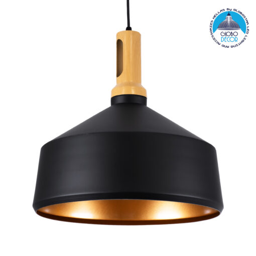 GloboStar® CALYPSO 01334-B Μοντέρνο Κρεμαστό Φωτιστικό Οροφής Μονόφωτο 1 x E27 Μαύρο – Χρυσό Μεταλλικό με Ξύλινη Βάση Καμπάνα Φ36 x Υ35cm
